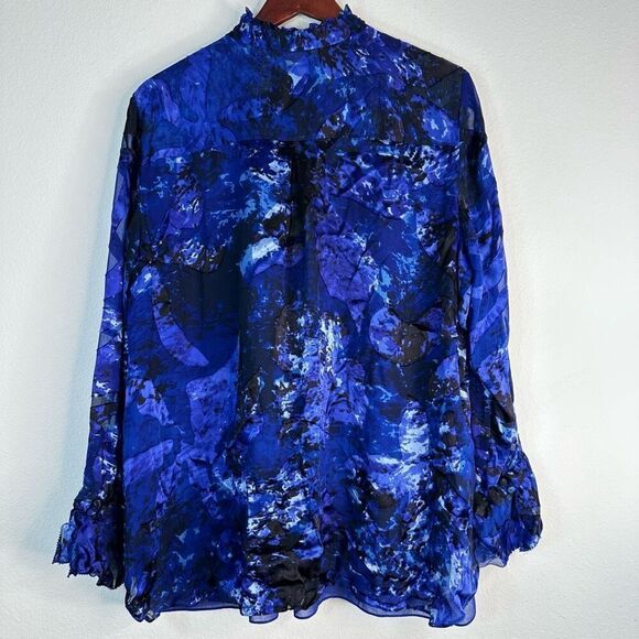 Elie Tahari Womens Teddie Printed Ruffle Neck Blouse XL Mod Fairycore Silk Blend - Picture 3 of 11